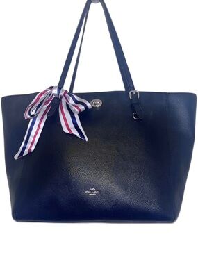 Coach Navy Leather Turnlock Tote with Striped Scarf Accent